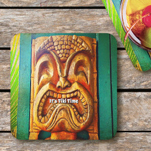 Tiki Time  Hawaii Tropisch Fierce Hout Gezicht Kartonnen Onderzetters