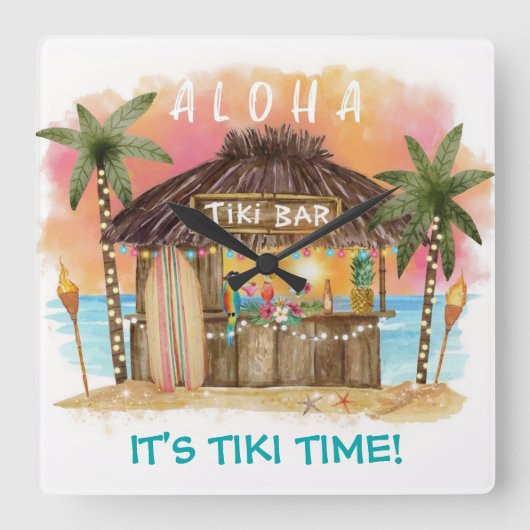 Tiki Time Tropical Beach Bar Surf & Zee Vierkante Klok (Voorkant)