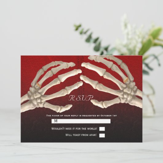Til Death Blood Red Skeleton Gold Weddenschap RSVP Kaart (Staand voorkant)