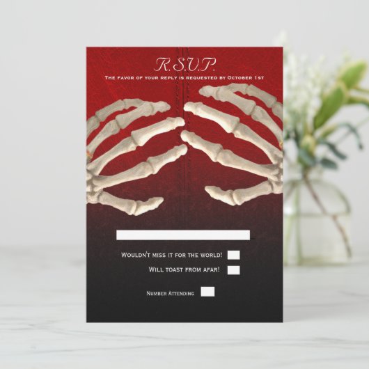 Til Death Blood Red Skeleton Gold Weddenschap RSVP Kaart (Staand voorkant)