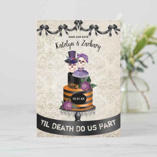 Til Death Do ons Part Skeleton Halloween Wedding Save The Date (Staand voorkant)