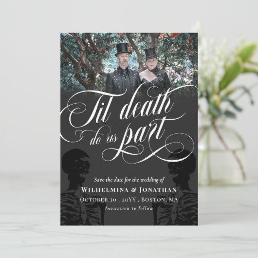 Til Death Do ons Part Skeleton Photo Save the Date (Staand voorkant)