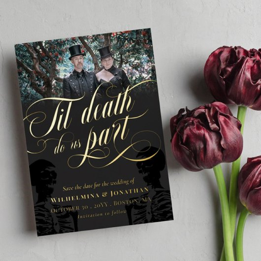 Til Death Do ons Part Skeleton Photo Save the Date Folie Uitnodiging