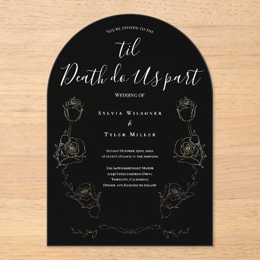Til Death Do US Part Black Gothic Wedding Acryl Uitnodigingen (Voorkant)