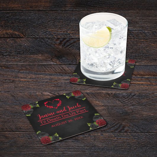 Til Death Do us Part Gothic Red Rose Bruiloft Kartonnen Onderzetters