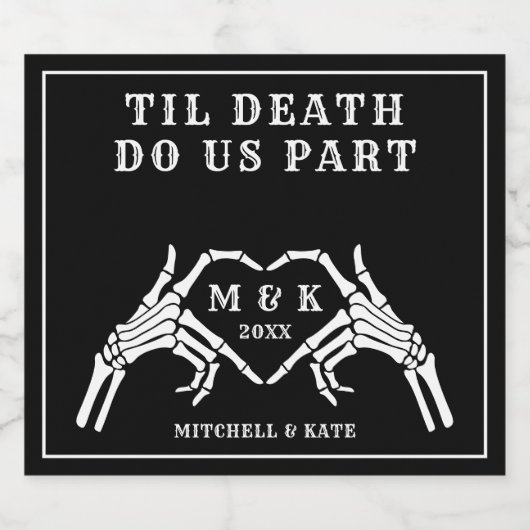 Til Death Do us Part Hart Hand Zwart Bruiloft Sparkling Wijnetiket (Enkel label)