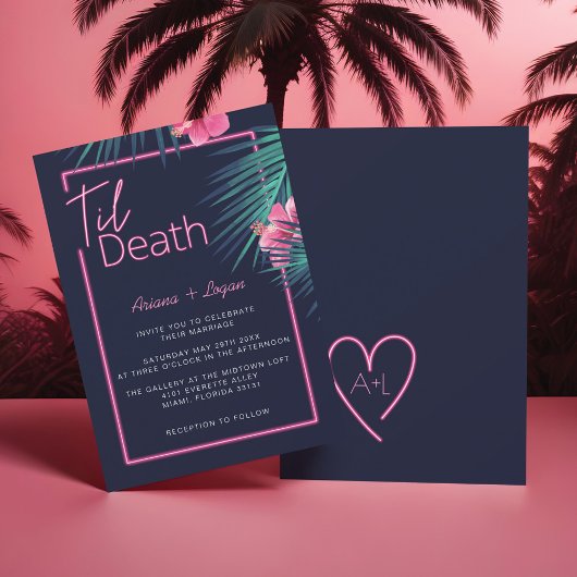 Til Death Do us Part Neon Pink Tropische bruiloft Kaart