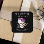 'Til Death Do US Part Paars & Black Wedding Invdin Vierkante Sticker<br><div class="desc">Dit prachtige collectie heeft een schedel en slang met paarse florale elementen.</div>