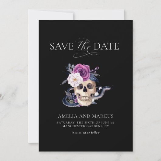 'Til Death Do Us Part Paarse & Zwart Save the Date Kaart (Voorkant)