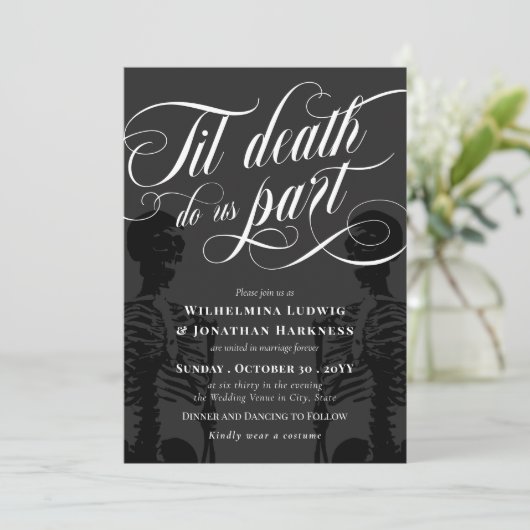 Til Death Do US Part Skeleton Elegant Gothic Wedde Kaart (Staand voorkant)