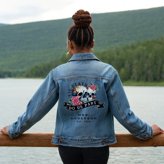 Til Death Do us Part Skulls & Rozen Mrs. Wedding Denim Jacket