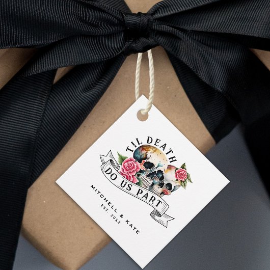 Til Death Do us Part Skulls & Rozen White Wedding Bedankjes Labels