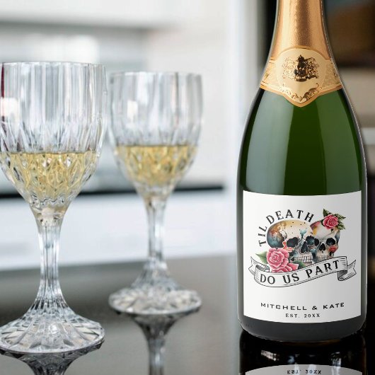 Til Death Do us Part Skulls & Rozen White Wedding Sparkling Wijnetiket