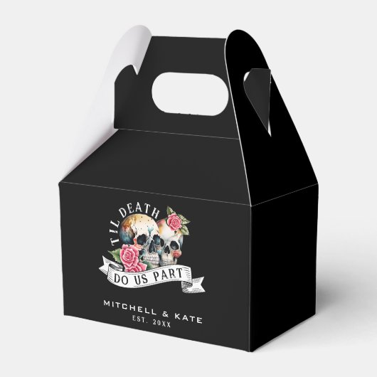 Til Death Do us Part Skulls & Rozen Zwart Bruiloft Bedankdoosjes (Voorkant Zijde)