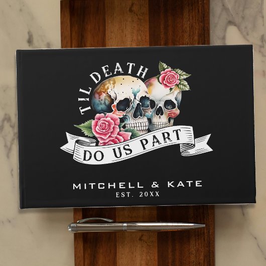 Til Death Do us Part Skulls & Rozen Zwart Bruiloft Gastenboek