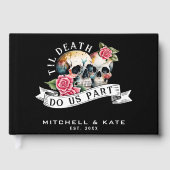 Til Death Do us Part Skulls & Rozen Zwart Bruiloft Gastenboek (Voorkant)