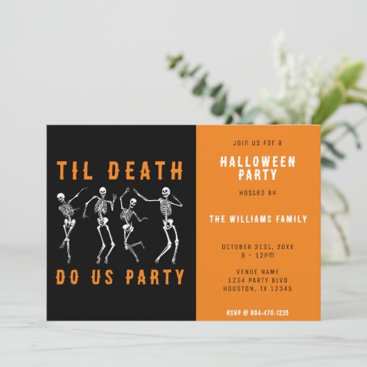 Til Death Do Us Party Skeleton Halloween Party ber Kaart (Staand voorkant)