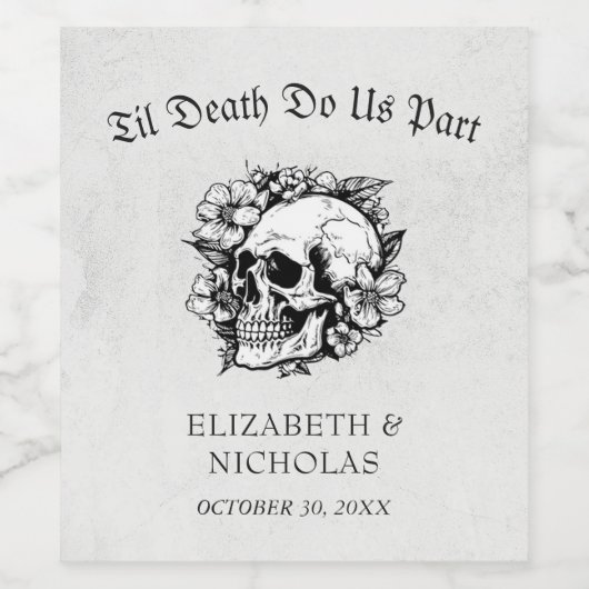 Til Death Gothic Bloemen Schedel Halloween Bruilof Wijn Etiket (Enkel label)