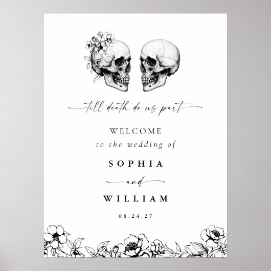 Til Death Gothic Bloemen Schedel Zwart Trouwbord Poster (Voorkant)