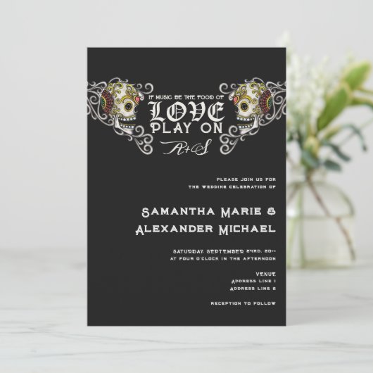 Til Death Gothic Glam Schedel Zwart Bloemen Bruilo Kaart (Staand voorkant)