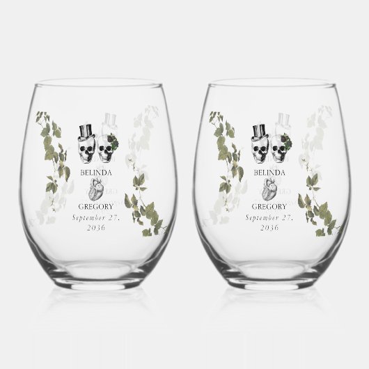 Til Death Gothic Heart Bloemenschedels Trouwgunst Wijnglas Zonder Voet (Voorkant)