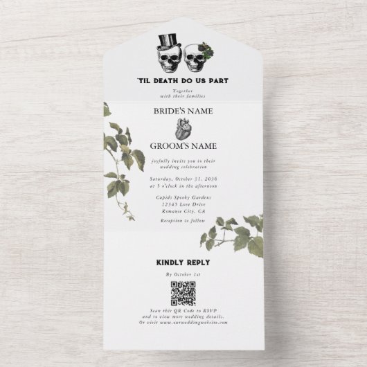 Til Death Gothic Heart Floral Skulls Bruiloft All In One Uitnodiging (Binnen)