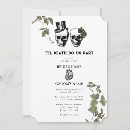 Til Death Gothic Heart Floral Skulls Bruiloft Kaart (Voorkant)