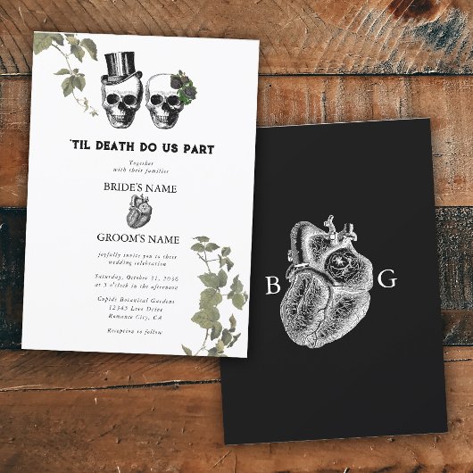 Til Death Gothic Heart Floral Skulls Bruiloft Kaart