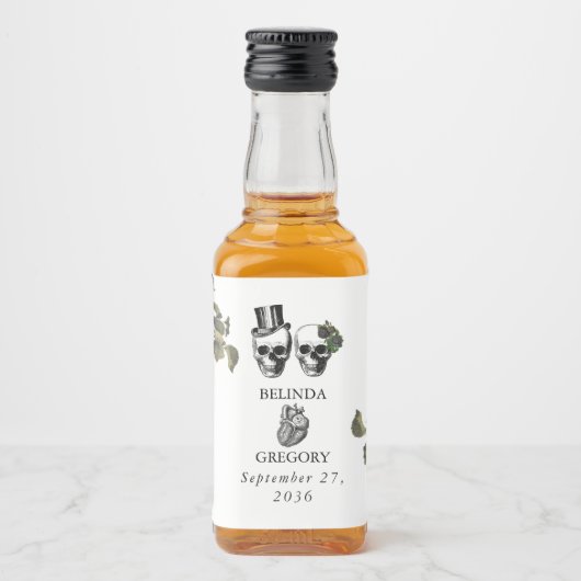 Til Death Gothic Heart Floral Skulls Bruiloft Likeurfles Etiket (Voorkant)