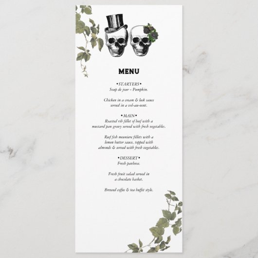 Til Death Gothic Heart Floral Skulls Bruiloft Menu (Voorkant)