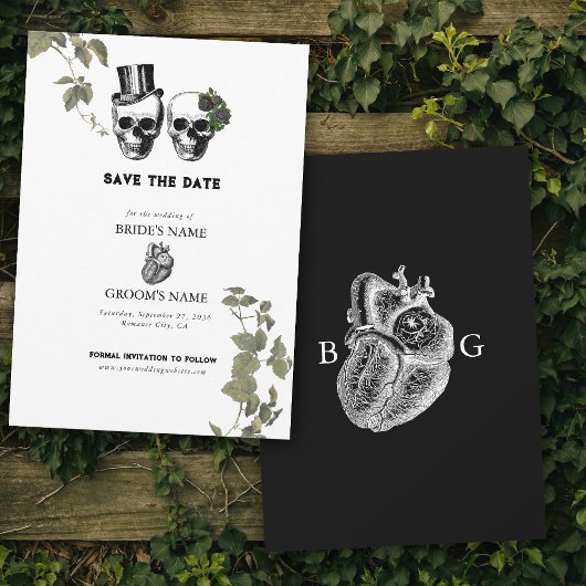 Til Death Gothic Heart Floral Skulls Bruiloft Save The Date
