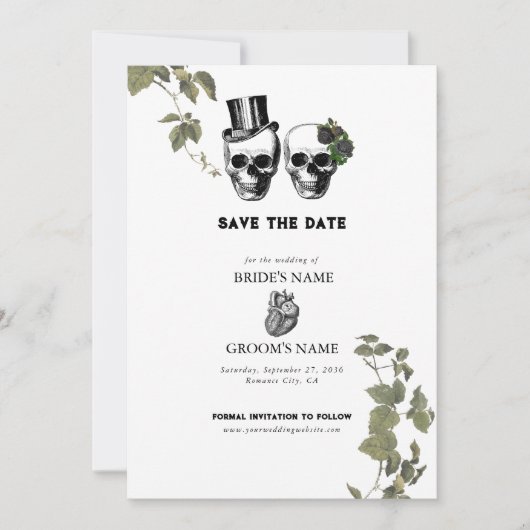 Til Death Gothic Heart Floral Skulls Bruiloft Save The Date (Voorkant)