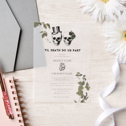 Til Death Gothic Heart Floral Skulls Bruiloft Vellum Uitnodigingen (Huwelijk)