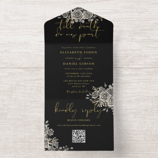 Til Death Gothic Roses Floral QR Code Wedding Foil All In One Uitnodiging (Binnenkant)