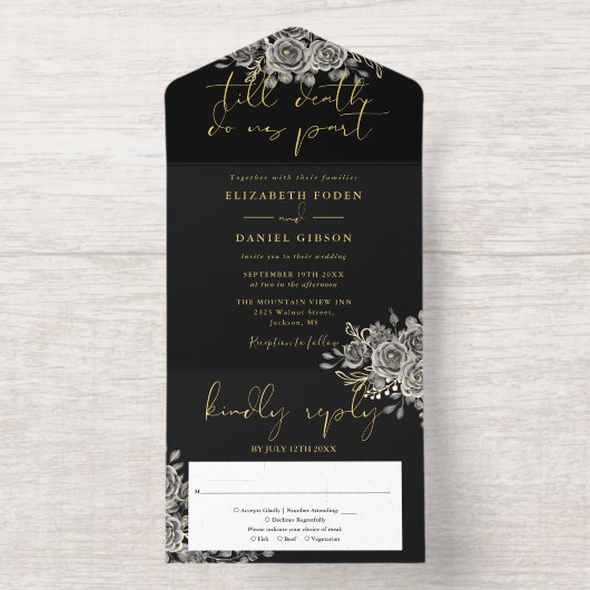 Til Death Gothic Roses Floral Wedding Foil All In One Uitnodiging (Binnenkant)