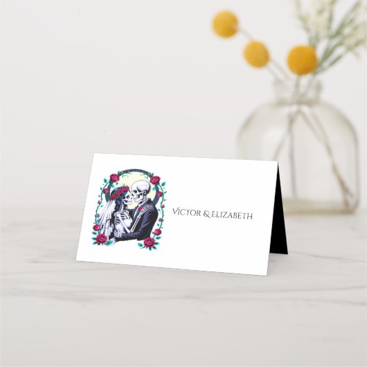 Til Death Gothic Skeleton Paar Roze Rose Huwelijk Plaatskaartje (Voorkant)