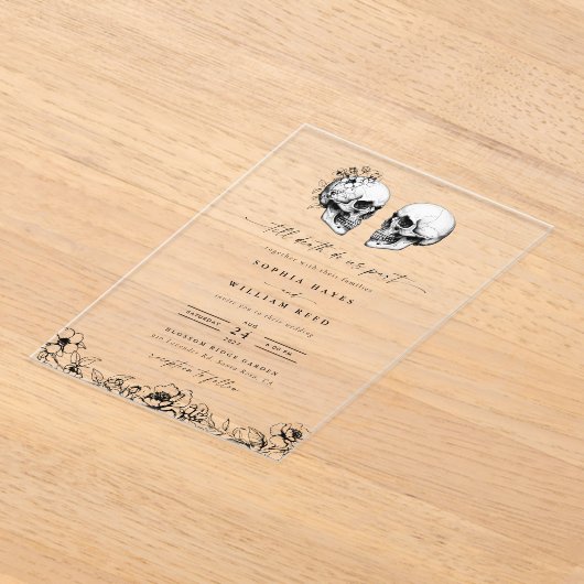 Til Death Gothic Skull Donker Zwart Bloemen Huweli Acryl Uitnodigingen (Laagn)