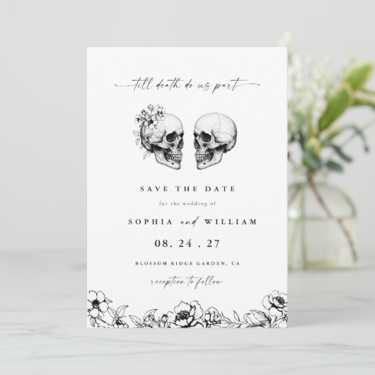 Til Death Gothic Skull Floral Photo Wedding Save The Date (Staand voorkant)