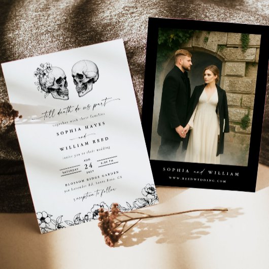 Til Death Gothic Skull Photo Black Floral Wedding Kaart