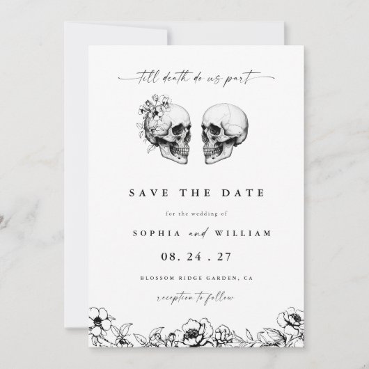 Til Death Gotische Schedel Foto Zwarte Bloemen Huw Kaart (Voorkant)