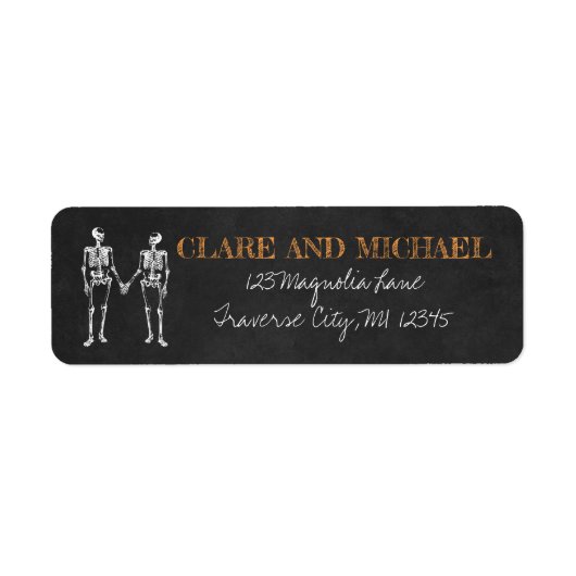 Til Death Halloween Skeleton Oranje Black Weddensc Etiket (Voorkant)