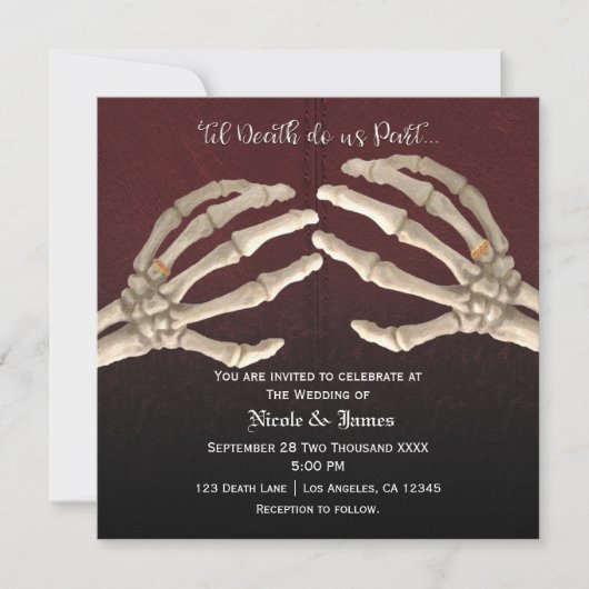 Til Death Maroon Skeleton Goud Huwelijk Kaart (Voorkant)
