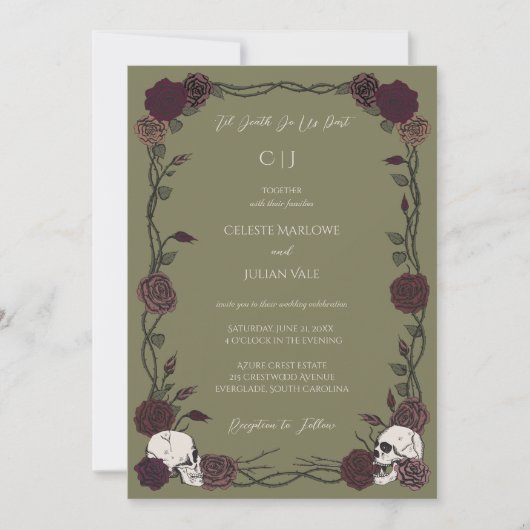 Til Death Olive Green Gothic Rose Wedding Kaart (Voorkant)