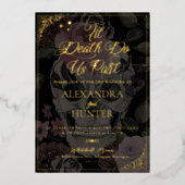 Til Death Waterverf Bloemenschedel Gotische bruilo Folie Uitnodiging (Voorkant)