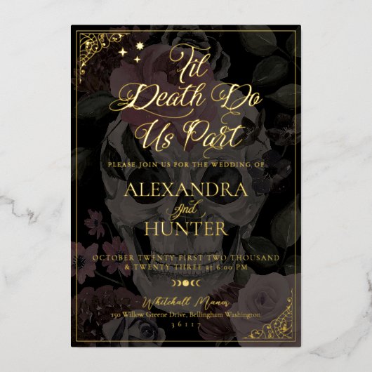 Til Death Waterverf Bloemenschedel Gotische bruilo Folie Uitnodiging (Voorkant)