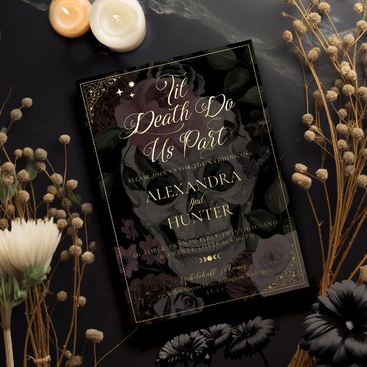Til Death Waterverf Bloemenschedel Gotische bruilo Folie Uitnodiging