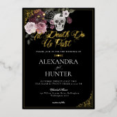 Til Death Waterverf Schedel Roos Gotische Bruiloft Folie Uitnodiging (Voorkant)