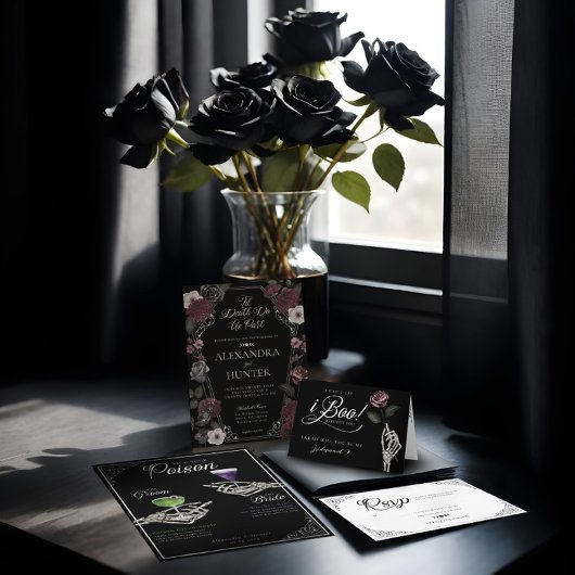 Til Death Waterverf Schedel Roos Gotische Bruiloft Kaart