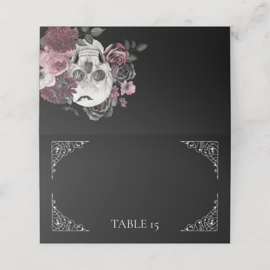 Til Death Waterverf Schedel Roos Gotische Bruiloft Plaatskaartje (Buitenkant ongevouwen)