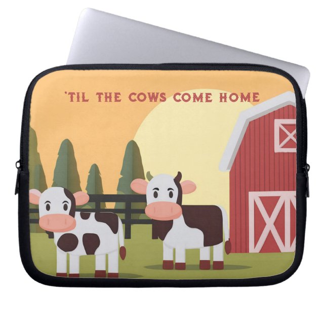 Til the Cows Come Home Two Cows Red Barn Sunrise Laptop Sleeve (Voorkant)